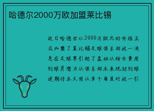 哈德尔2000万欧加盟莱比锡